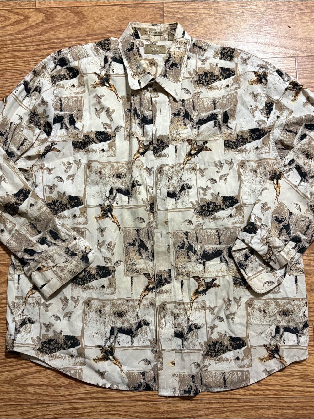 Vintage Natural Issue Outdoor Pheasant Dog Hunting Button Front Shirt XL